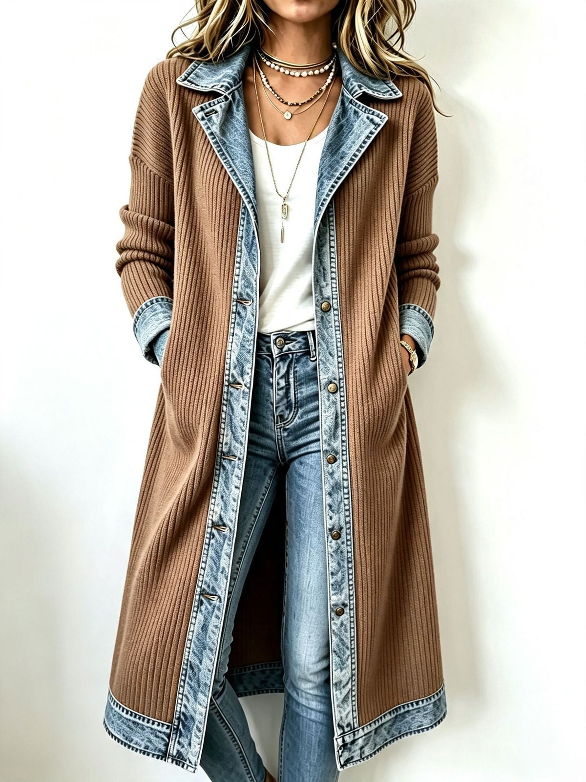Cardigan long femme en maille côtelée avec finitions denim
