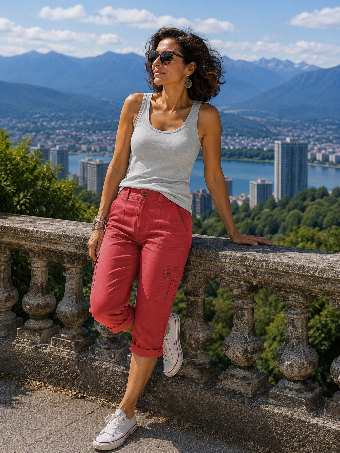Pantalon cargo capri femme à poches multiples et coupe décontractée