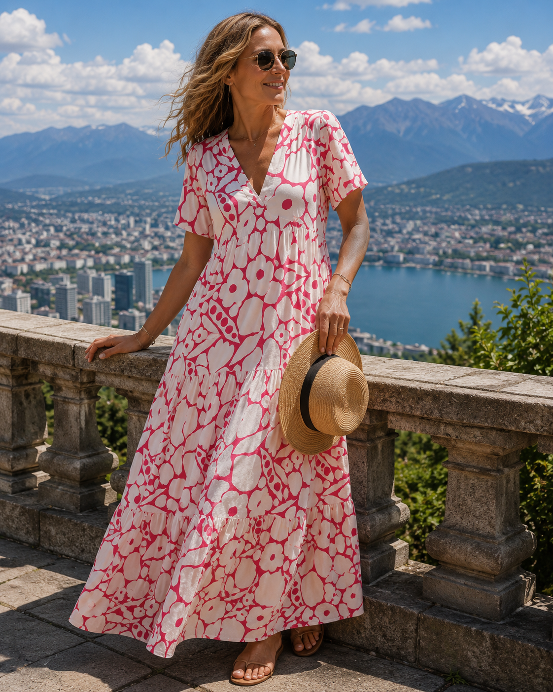 Robe longue femme bohème à imprimé floral et col V