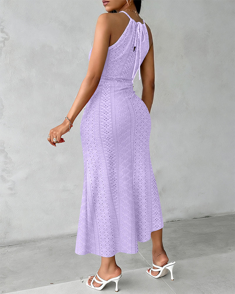 Robe Midi Femme Jacquard Ajouré Halter avec Fente Chic