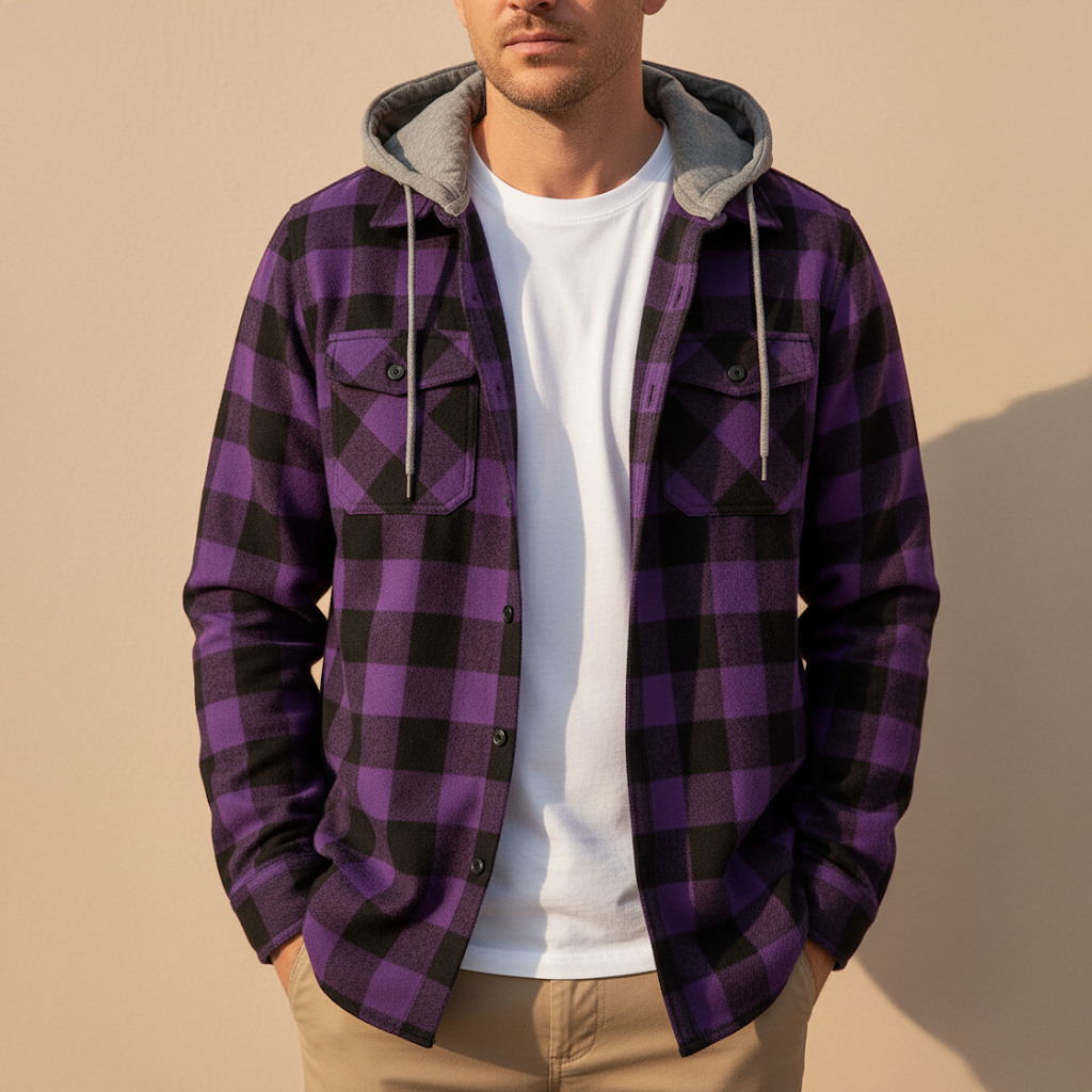 Veste Chemise Homme à Carreaux avec Capuche Casual