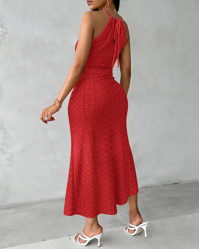 Robe Midi Femme Jacquard Ajouré Halter avec Fente Chic