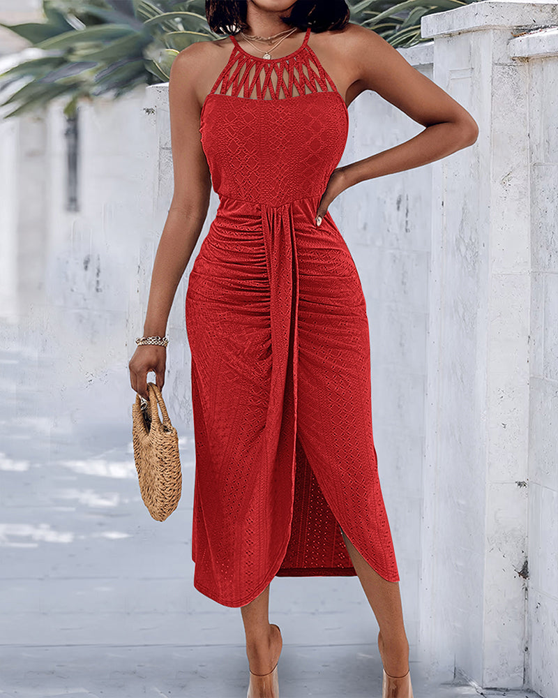 Robe Midi Femme Jacquard Ajouré Halter avec Fente Chic