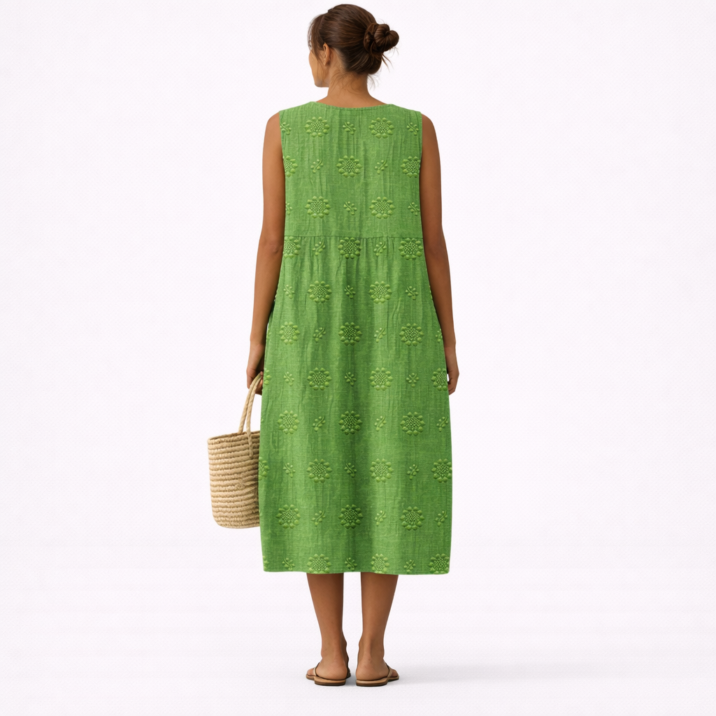 Robe midi femme verte brodée sans manches en coton viscose