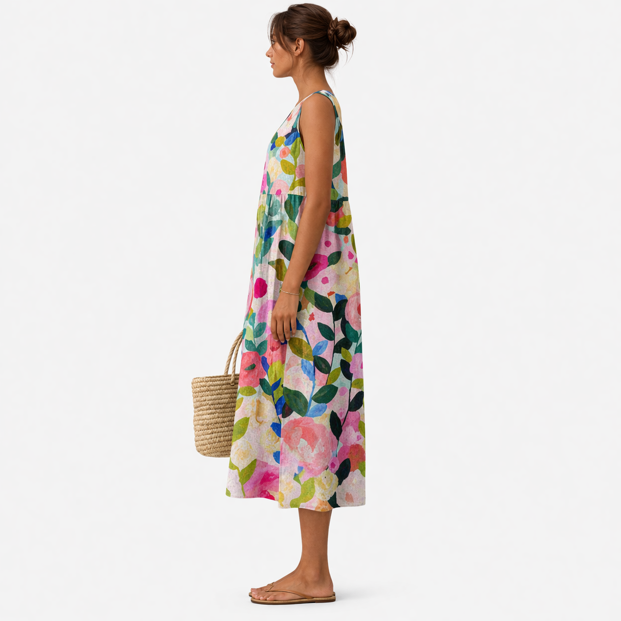 Robe midi femme fleurie sans manches en coton viscose