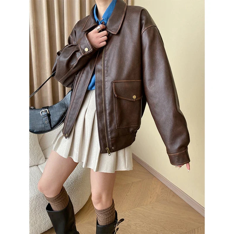 Veste effet cuir femme style vintage – coupe droite décontractée mi-saison