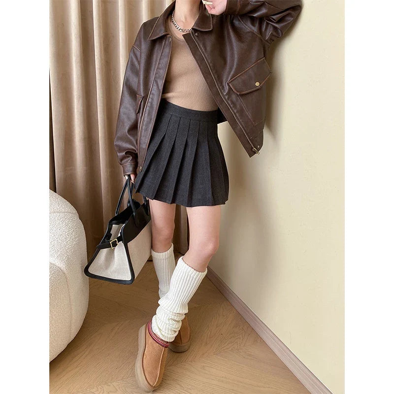 Veste effet cuir femme style vintage – coupe droite décontractée mi-saison