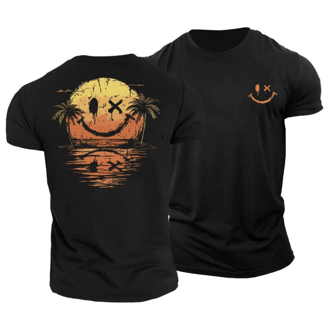 T-shirt homme imprimé smiley coucher de soleil et palmiers