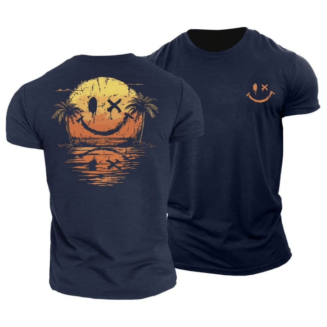 T-shirt homme imprimé smiley coucher de soleil et palmiers
