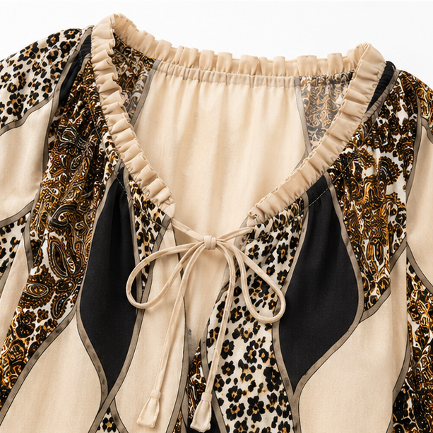 Blouse femme patchwork bohème à col V noué