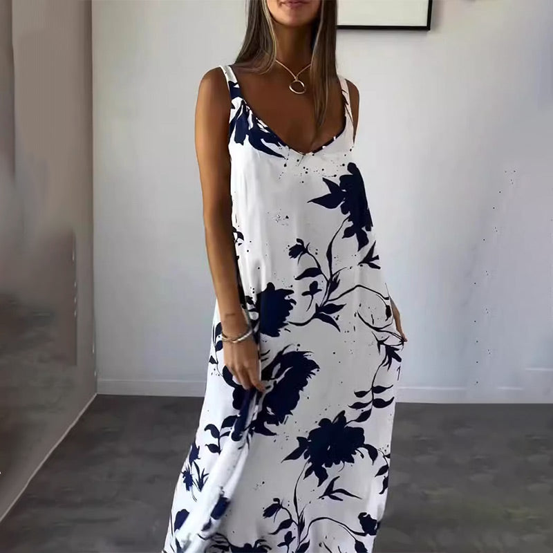 Robe Femme Été Sans Manches Col V Imprimée Fluide Confort