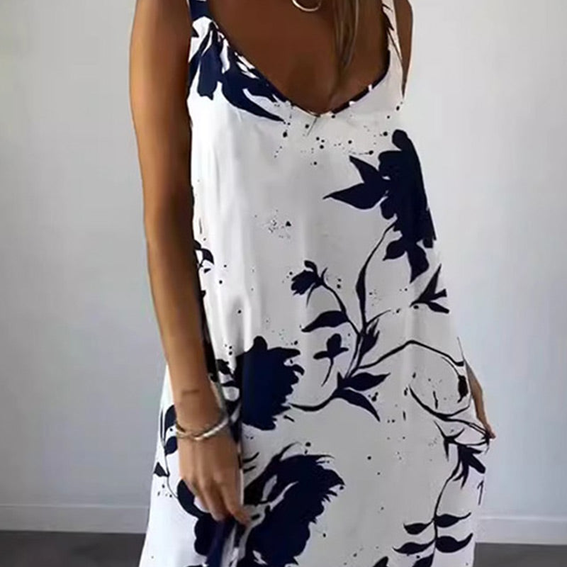 Robe Femme Été Sans Manches Col V Imprimée Fluide Confort