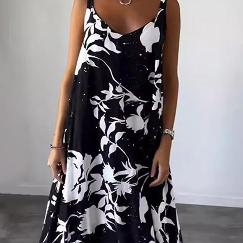 Robe Femme Été Sans Manches Col V Imprimée Fluide Confort