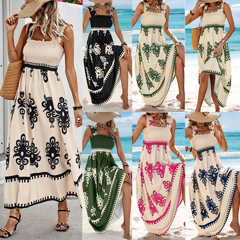 Robe Femme Été Sans Manches Coupe Fluide Taille Smockée Style Plage