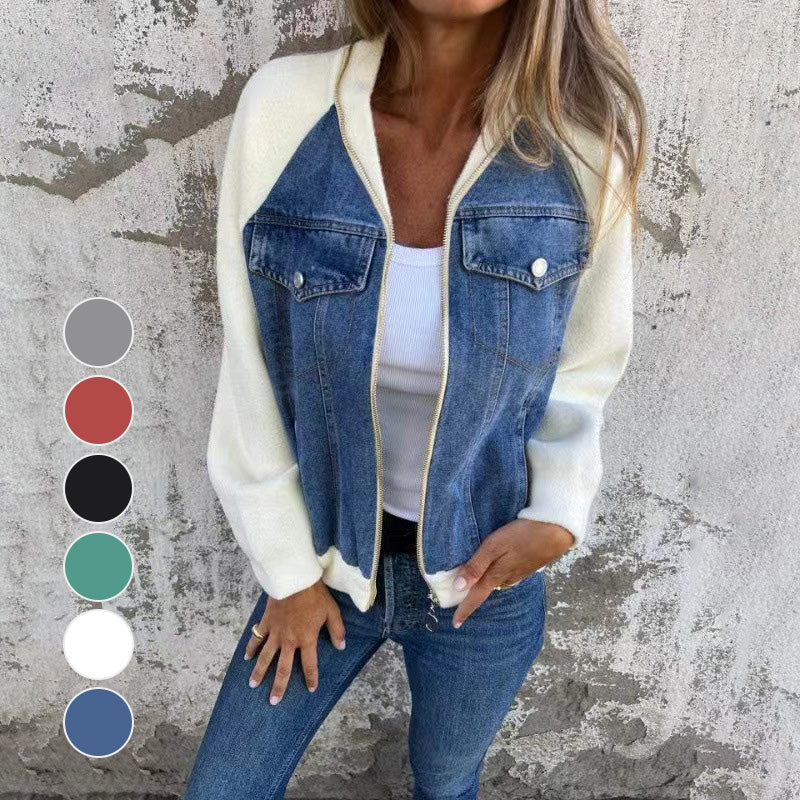 Veste femme style denim zippée – veste casual patchwork confortable