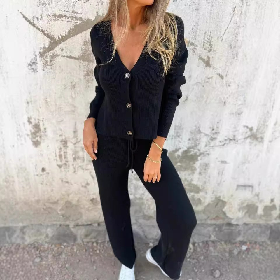 Ensemble femme cardigan et pantalon tricot fluide confortable élégant casual