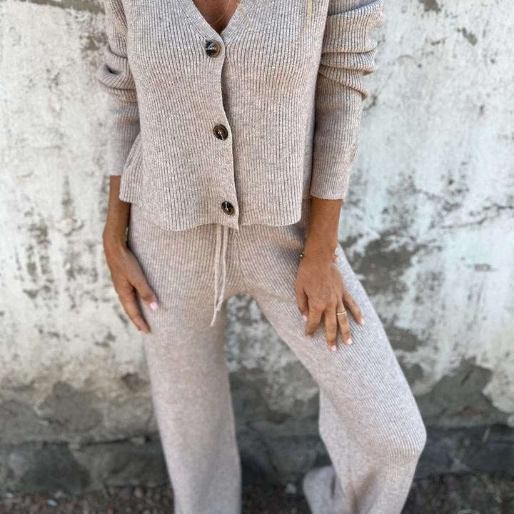 Ensemble femme cardigan et pantalon tricot fluide confortable élégant casual