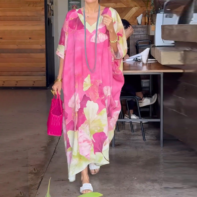 Robe Longue Bohème Fleurie avec Décolleté en V Fluide