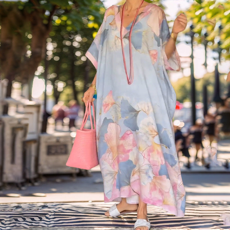 Robe Longue Bohème Fleurie avec Décolleté en V Fluide