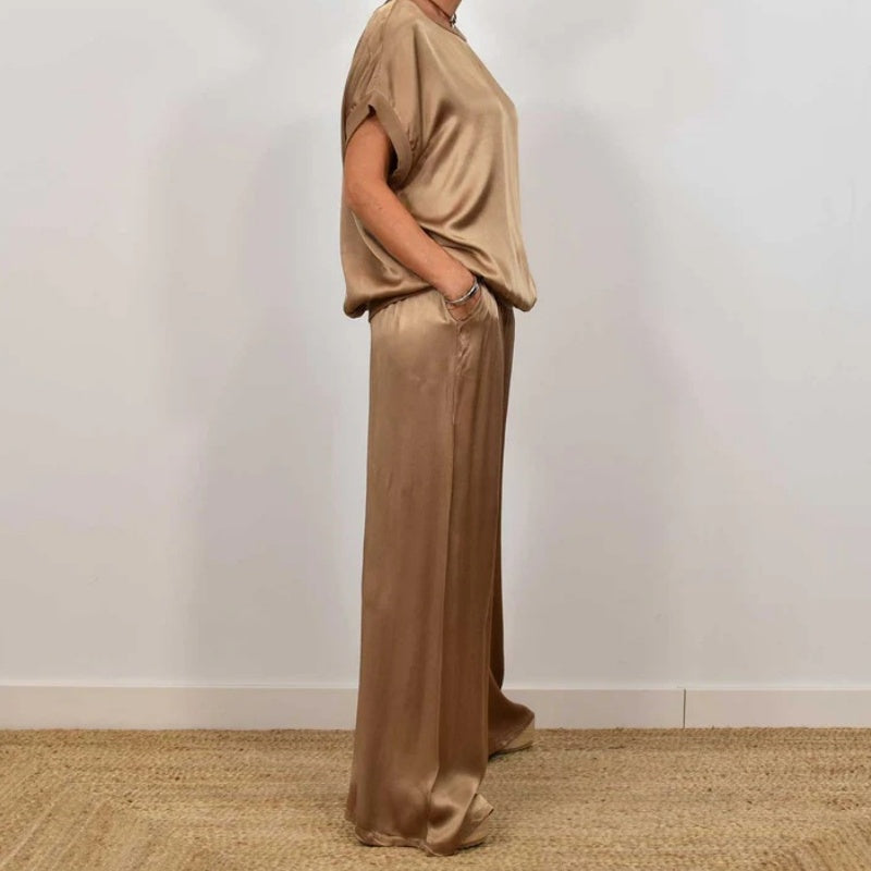 Ensemble Femme Satiné Élégant Deux Pièces Top et Pantalon Large