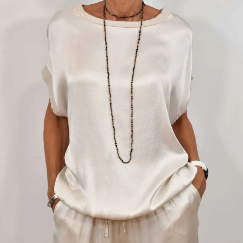 Ensemble Femme Satiné Élégant Deux Pièces Top et Pantalon Large