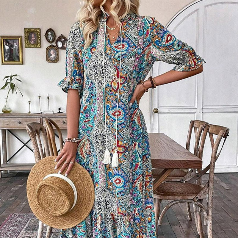 Robe bohème femme à imprimé cachemire et col V à pompons