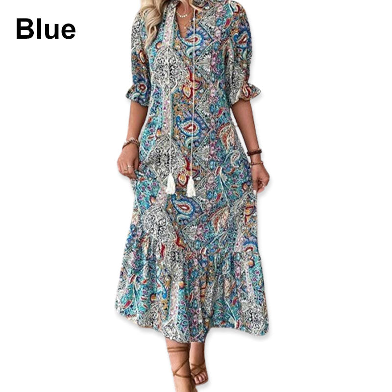 Robe bohème femme à imprimé cachemire et col V à pompons