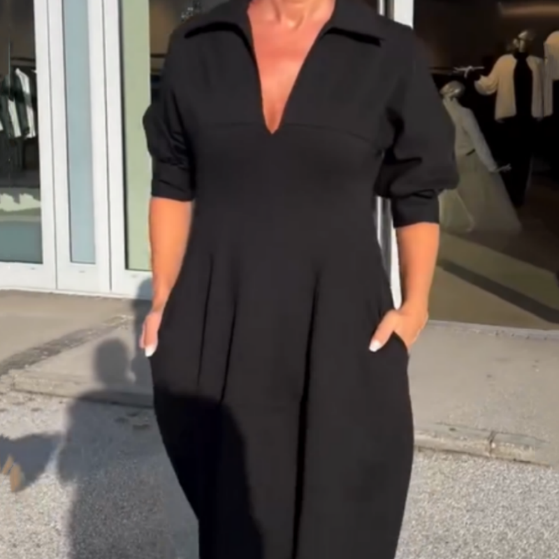 Robe femme midi fluide col V revers taille ajustée élégante manches longues