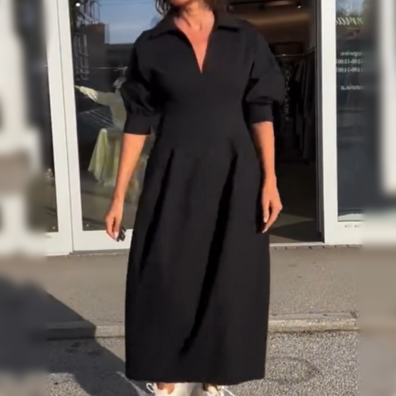 Robe femme midi fluide col V revers taille ajustée élégante manches longues