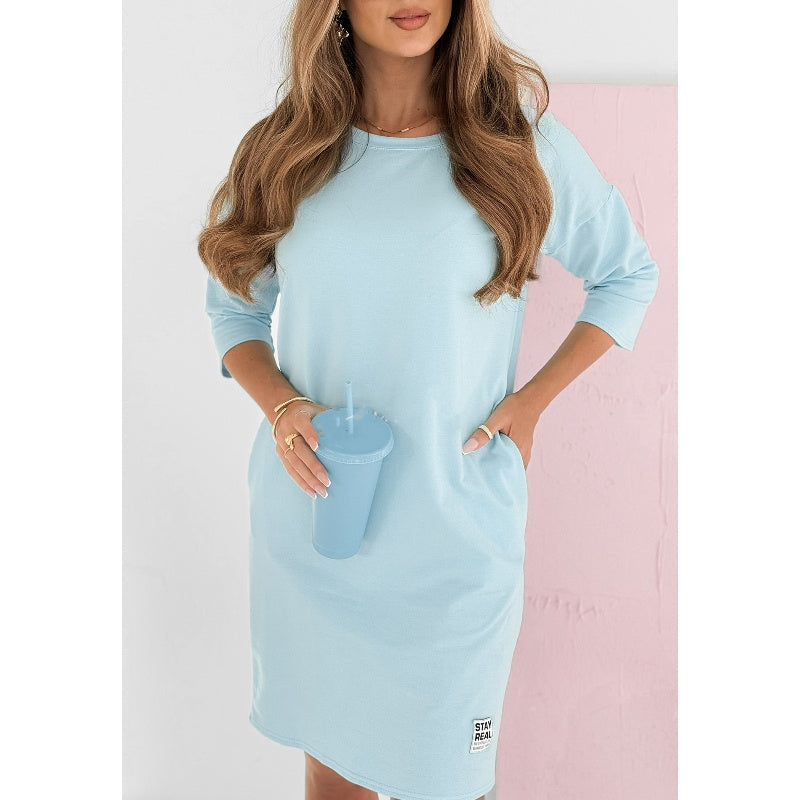 Robe Femme Col Rond Décontractée Manches 3/4 avec Poches Coupe Confort Quotidien