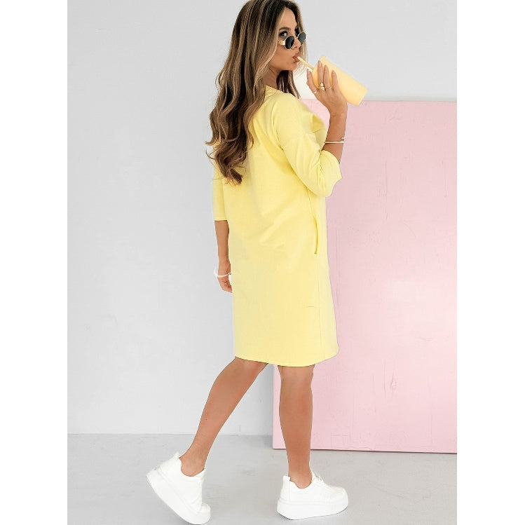 Robe Femme Col Rond Décontractée Manches 3/4 avec Poches Coupe Confort Quotidien