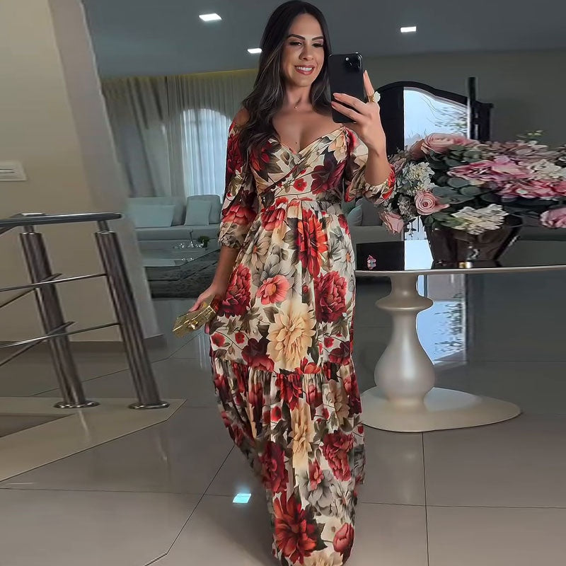 Robe Femme Longue Fleurie Col V Coupe Fluide Élégante Été