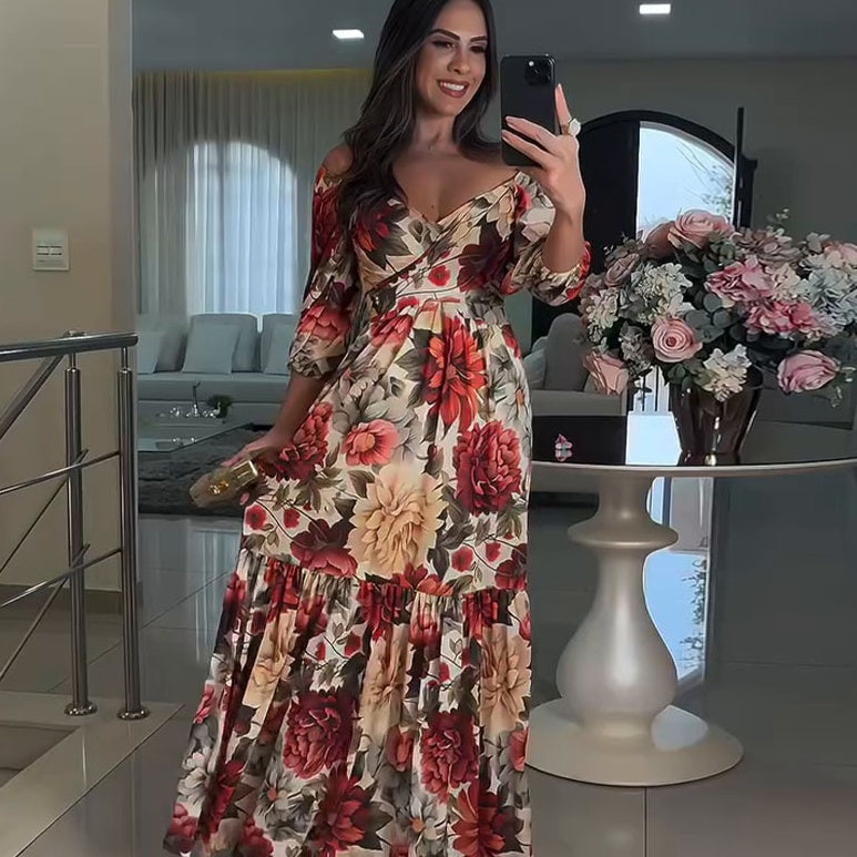 Robe Femme Longue Fleurie Col V Coupe Fluide Élégante Été