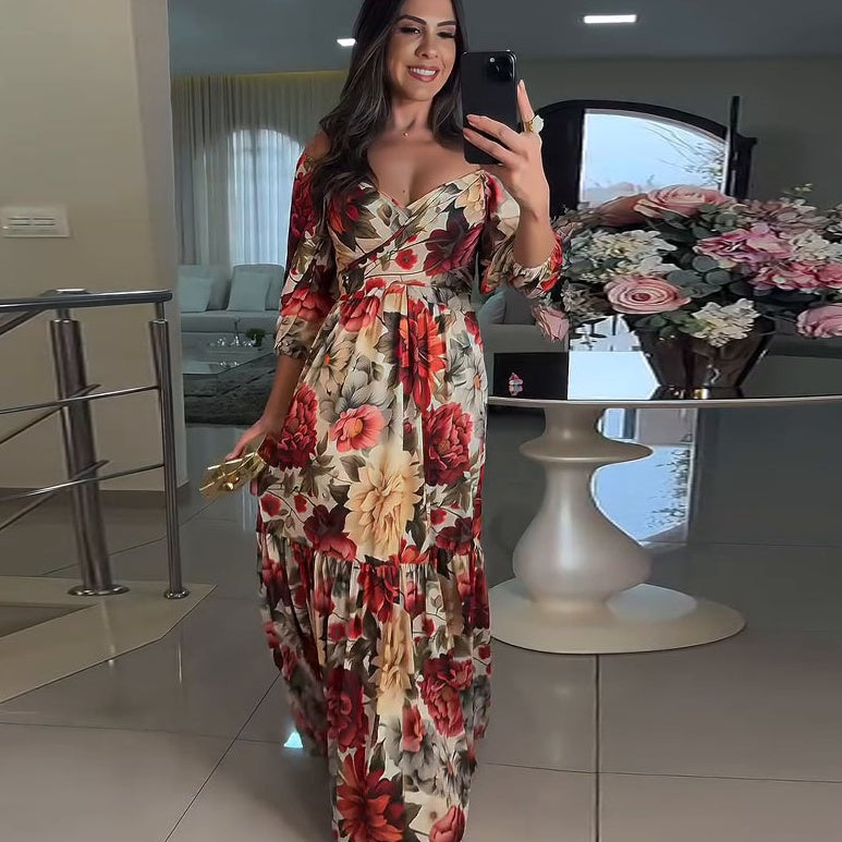 Robe Femme Longue Fleurie Col V Coupe Fluide Élégante Été
