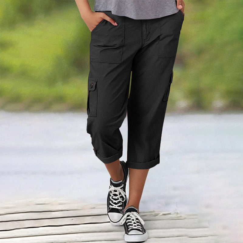 Pantalon cargo capri femme à poches multiples et coupe décontractée