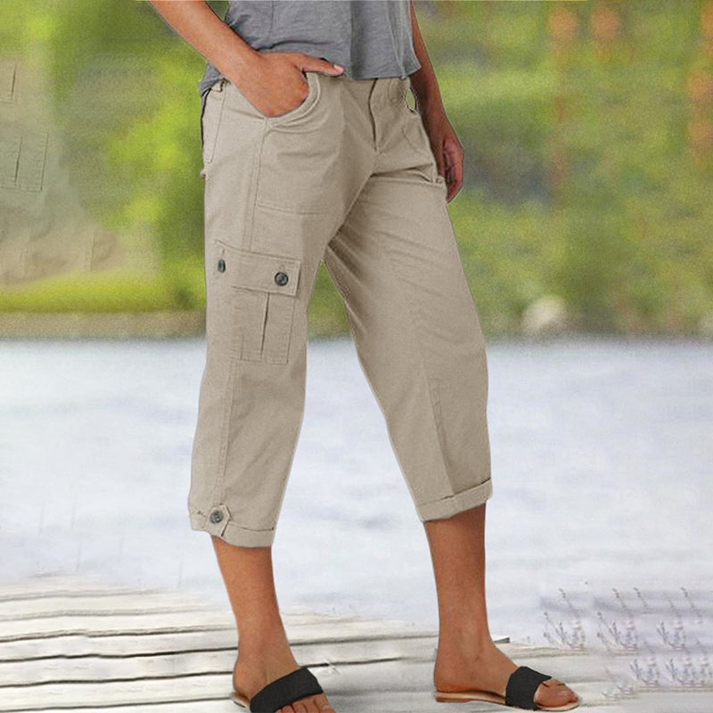 Pantalon cargo capri femme à poches multiples et coupe décontractée