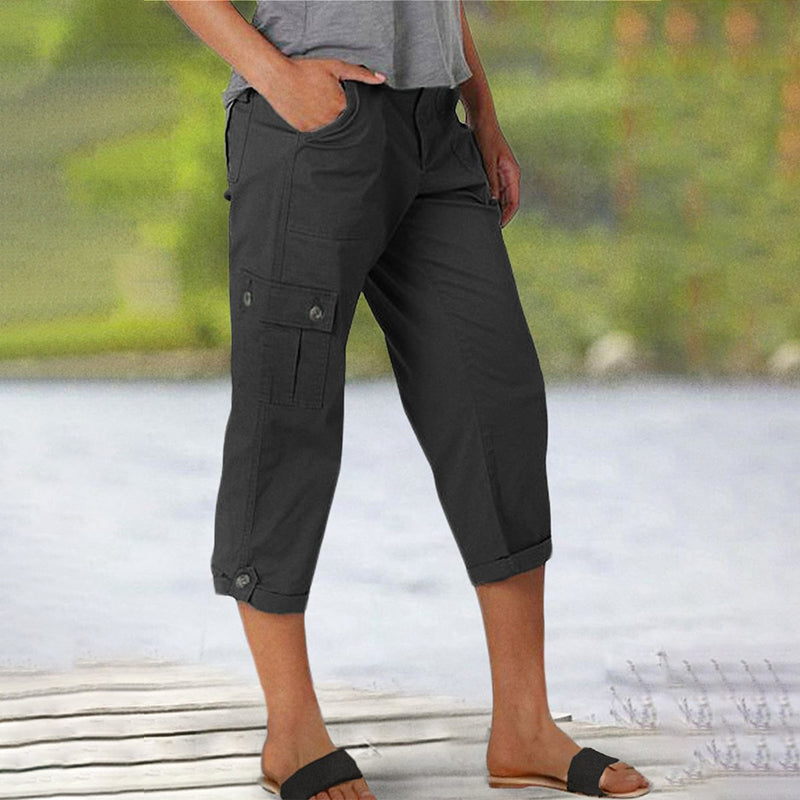 Pantalon cargo capri femme à poches multiples et coupe décontractée