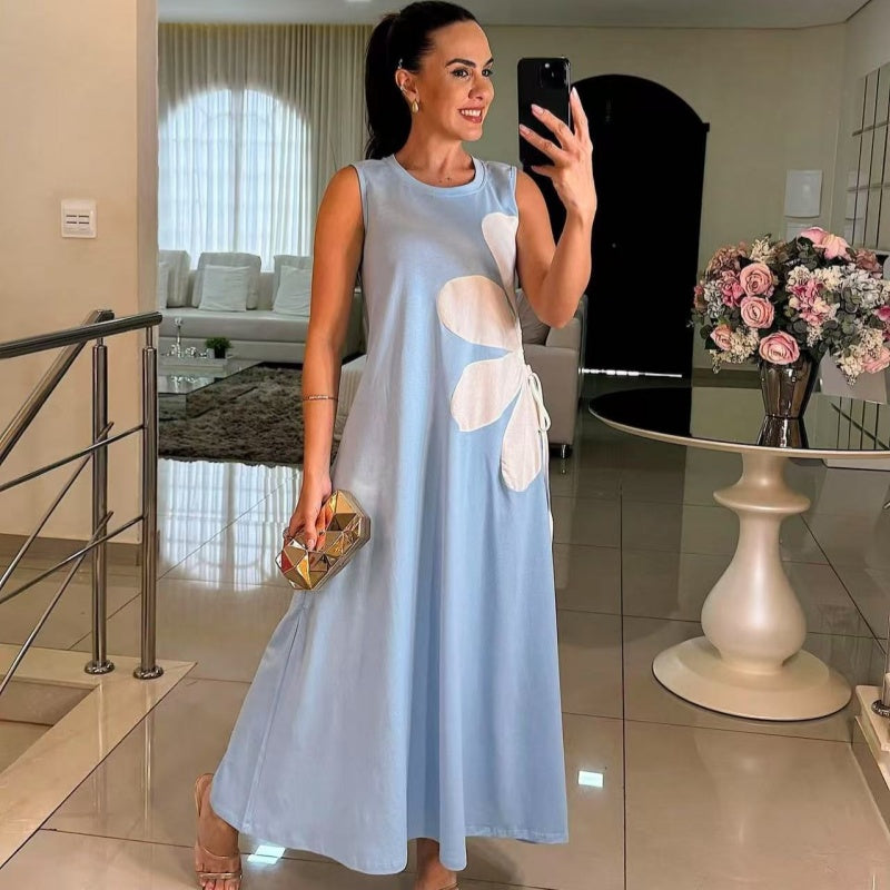 Robe Longue Femme Sans Manches Imprimé Floral Coupe Fluide Été