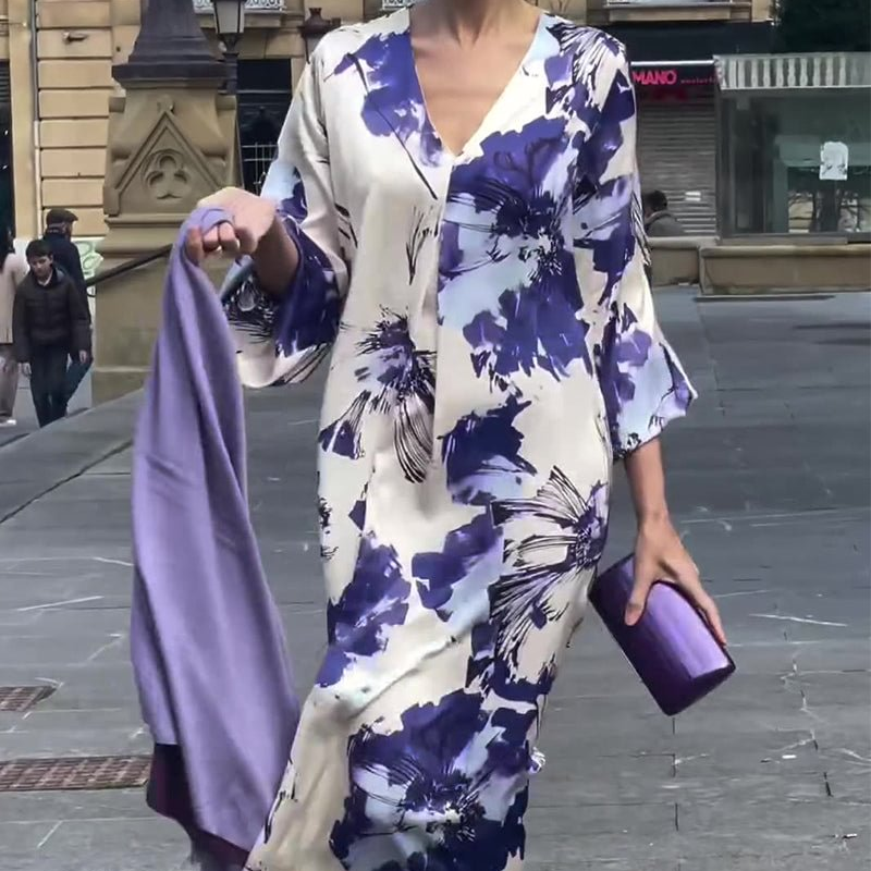 Robe Longue Femme Élégante Imprimée Col V pour Été Chic et Fluide