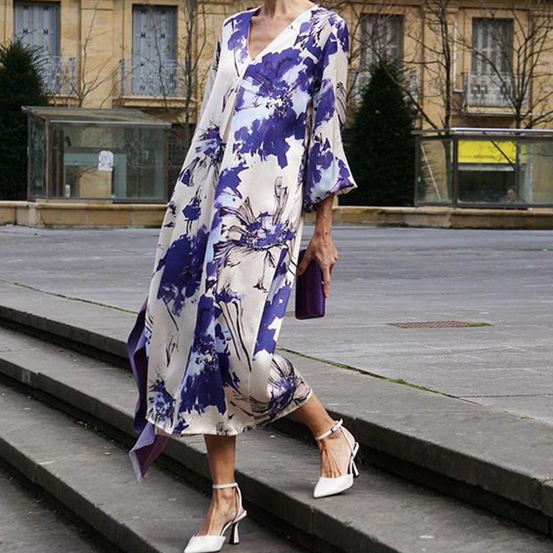 Robe Longue Femme Élégante Imprimée Col V pour Été Chic et Fluide