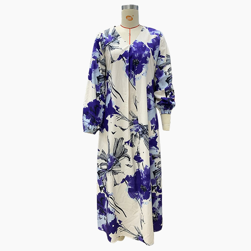 Robe Longue Femme Élégante Imprimée Col V pour Été Chic et Fluide