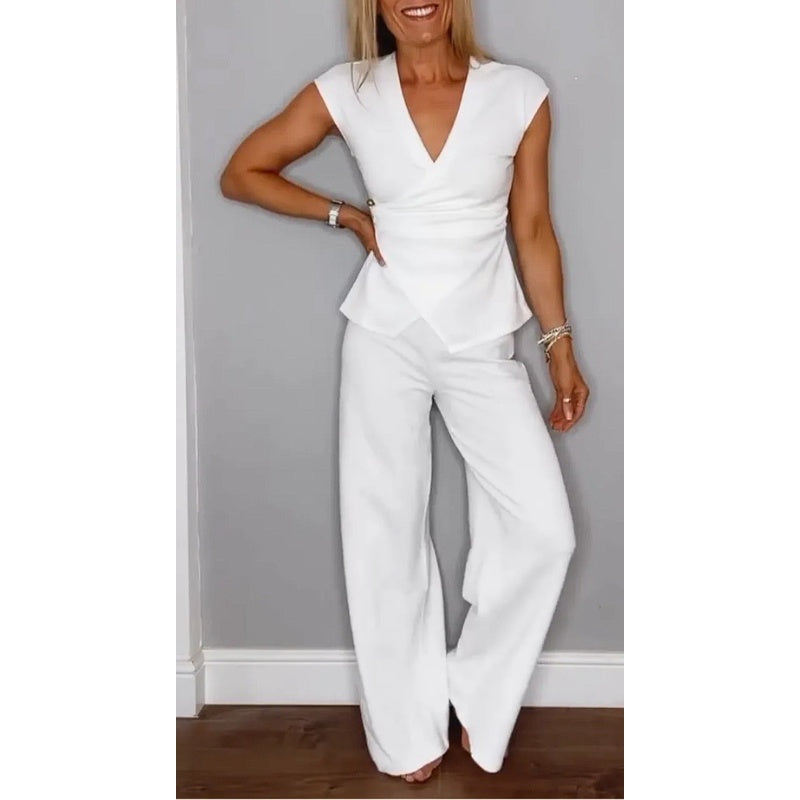 Ensemble Femme Élégant Col V et Pantalon Fluide Moderne