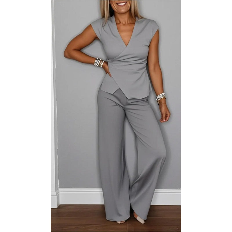 Ensemble Femme Élégant Col V et Pantalon Fluide Moderne