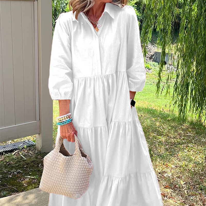 Robe Longue Femme Coupe Ample Col Revers Manches 3/4 Style Décontracté