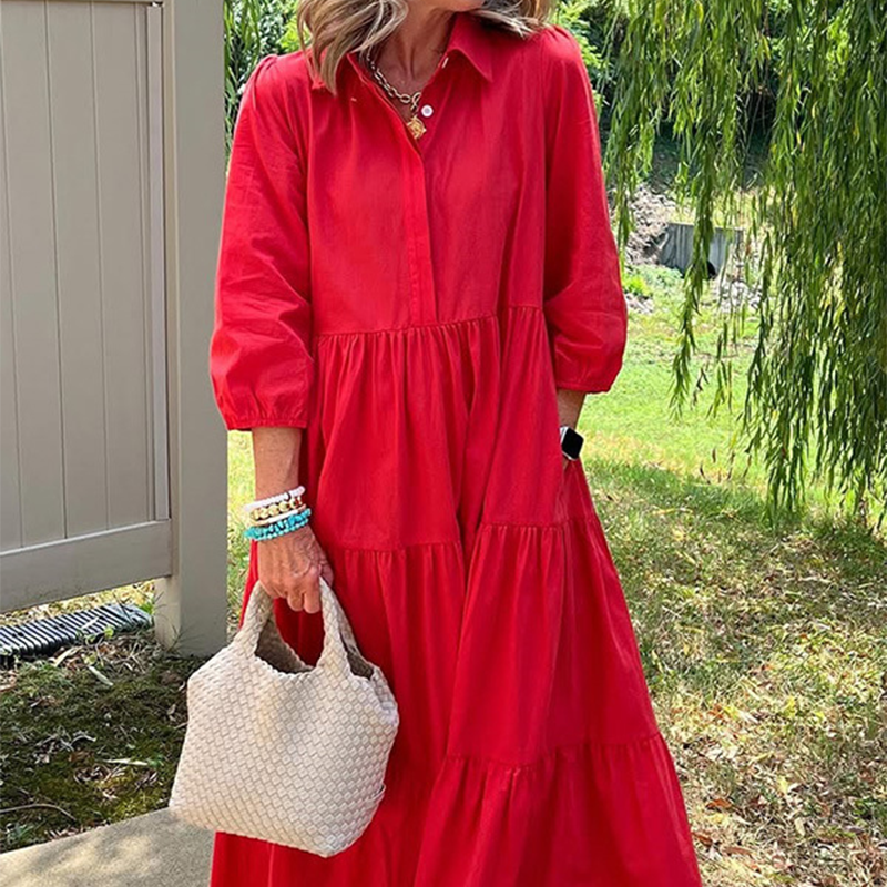 Robe Longue Femme Coupe Ample Col Revers Manches 3/4 Style Décontracté