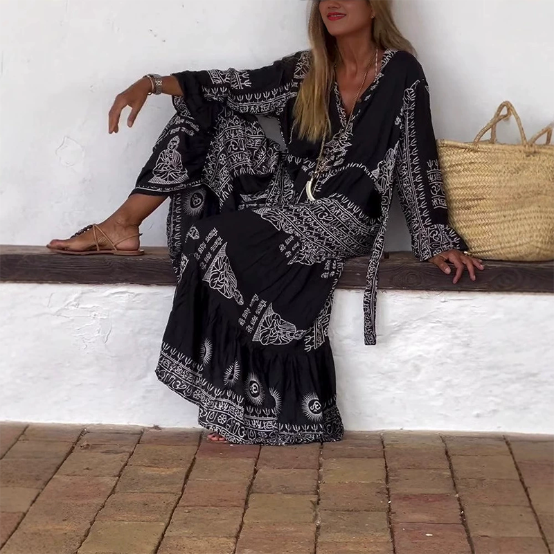 Robe Longue Femme Imprimé Ethnique Tribal Col V Ceinturé Manches Évasées