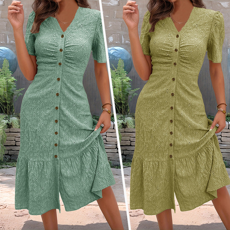 Robe midi femme en dentelle à boutons et manches bouffantes