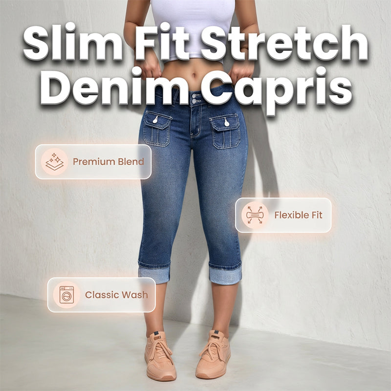 Pantalon Capri Femme Denim Stretch Ajusté Taille Mi-Haute