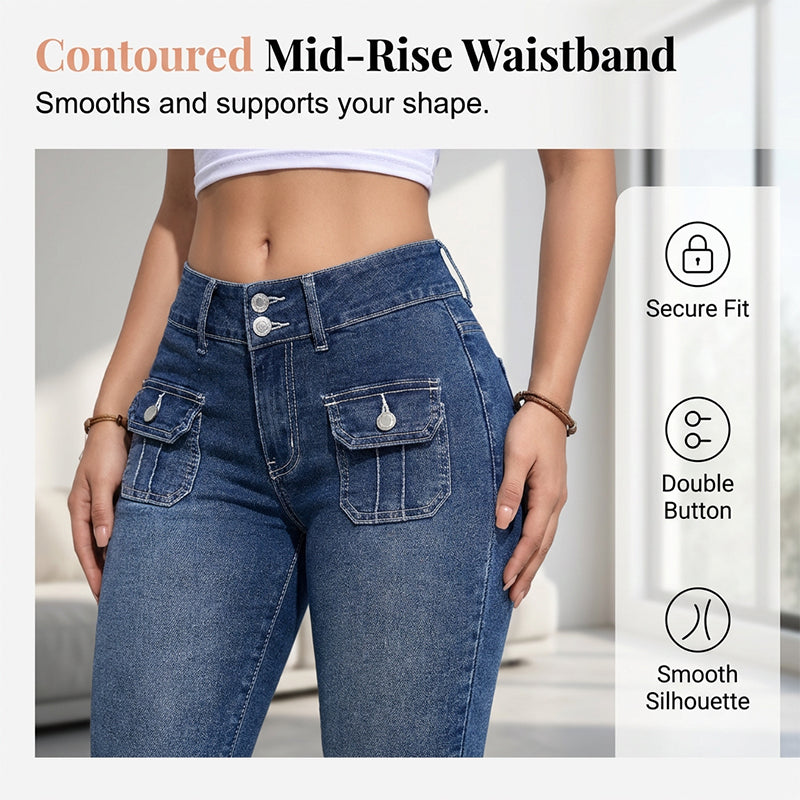 Pantalon Capri Femme Denim Stretch Ajusté Taille Mi-Haute