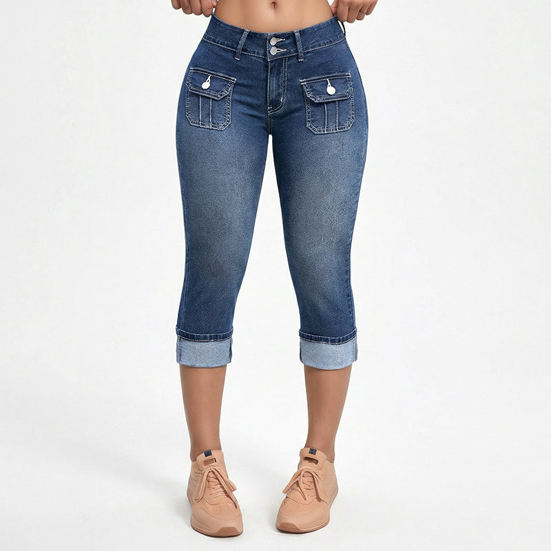 Pantalon Capri Femme Denim Stretch Ajusté Taille Mi-Haute